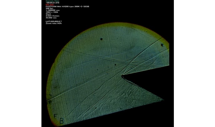 앞 이미지와 유사한 실험 데이터 이미지. 곡선과 선들이 겹쳐 보이며, 화면 왼쪽 위에는 촬영 카메라와 데이터가 기록되어 있음.