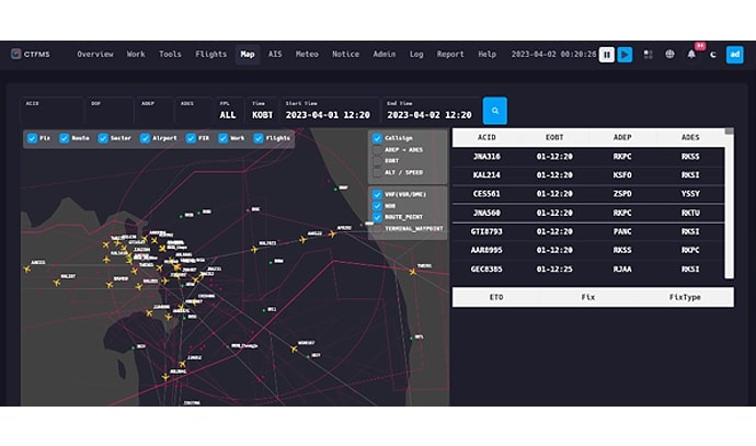 CTFMS 항공기 레이더 지도 화면. 여러 항공기의 위치가 지도상에 아이콘으로 표시되고, 오른쪽에는 항공편 ID, 출발 및 도착 공항 등의 정보 테이블이 표시됨.