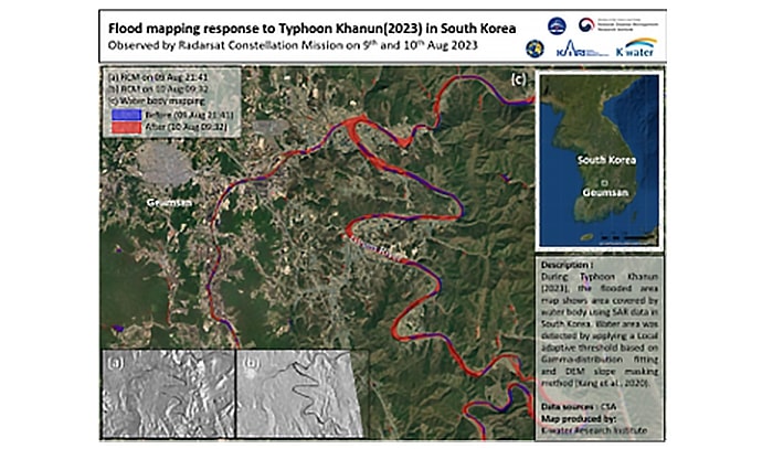 2023년 태풍 카눈에 대응하여 한국의 금산 지역 홍수 범람 지역을 위성 영상으로 분석한 지도. 빨간색은 8월 10일 홍수로 추정되는 범람 지역, 파란색은 8월 9일 이전의 수계 경계를 나타낸다. 오른쪽에는 한반도 전체 지도 속 금산의 위치가 삽입되어 있다.