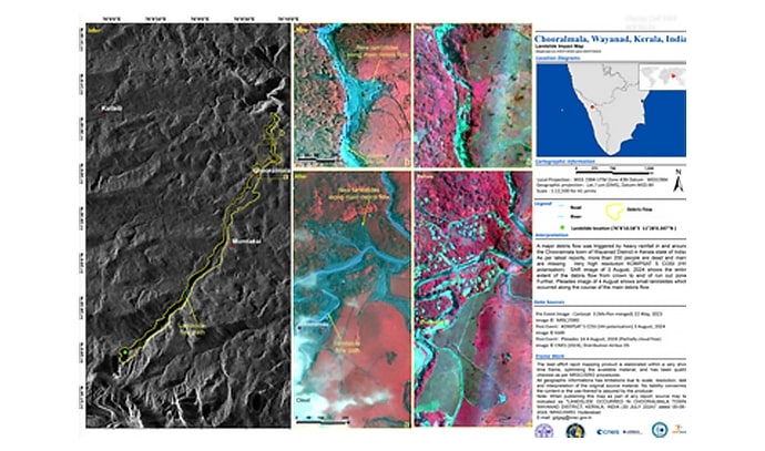 인도 케랄라 주 와야나드 지역에서 발생한 산사태 현황을 위성 영상과 함께 표현한 지도. 왼쪽에는 고도 정보를 나타내는 흑백 영상, 오른쪽에는 다양한 시점의 다중분광 위성 이미지가 나열되어 있으며, 산사태 발생 지점을 노란 선과 라벨로 구분해 표시하고 있다.