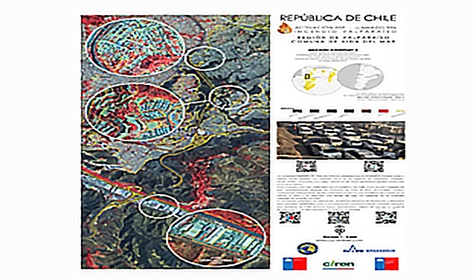 칠레 발파라이소 지역 산불 피해지역을 위성 이미지로 분석한 결과. 산불로 피해 입은 지역이 다색 위성 영상 배경 위에 흰색 원으로 강조되어 있으며, 오른쪽에는 지도 위치, 행정구역 정보, 분석 설명과 함께 피해 차량 이미지가 포함되어 있다.