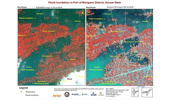 인도 아삼주 모리고안 지역의 2019년 홍수 침수 전후 위성 영상 비교. 왼쪽 이미지는 침수 직후로, 하천과 주변 지역이 초록색과 빨간색으로 구분되어 있으며, 오른쪽 이미지는 침수 수위 감소 시점으로 침수 범위가 후퇴한 모습이 표현되어 있다.