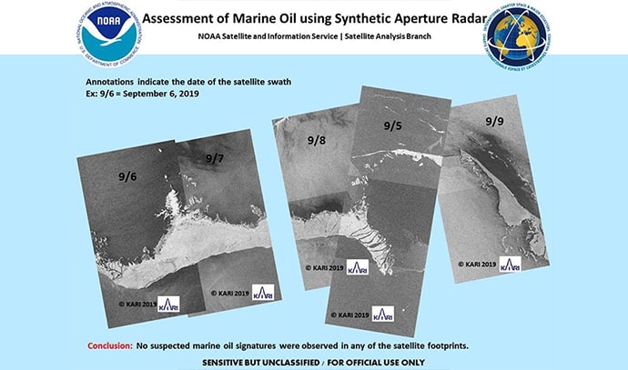 미국 NOAA와 한국항공우주연구원이 합동 수행한 해양 오일 유출 탐지 분석 결과. 2019년 9월 5일부터 9일까지 날짜별 위성 영상을 나열하였으며, 모든 영상에서 유의미한 오일 유출 흔적은 관찰되지 않았다는 결론이 포함되어 있다.