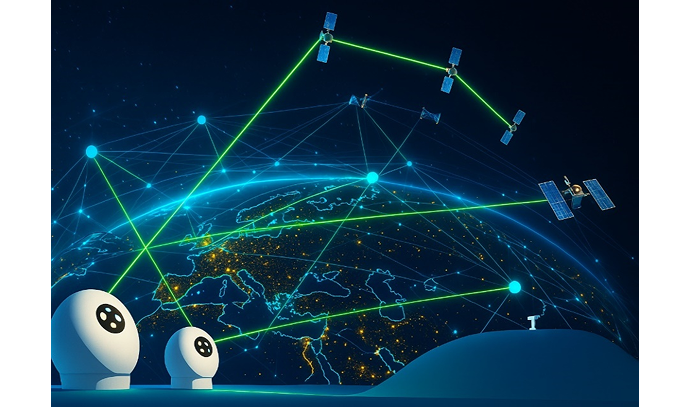 지구를 배경으로 위성과 통신 기기 간에 초록색 레이저 또는 광통신선으로 연결된 통신망이 형성되어 있다. 위성 간 및 지상국과의 연결이 입체적인 선으로 표시되어 있으며, 어두운 밤하늘과 빛나는 도시들이 우주 통신 네트워크의 활용 가능성을 시각적으로 표현한다.
