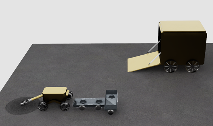 회색 지면 위에서 왼쪽에는 소형 로버가 드릴을 이용해 시추 작업을 수행 중이며, 중간에는 채취 장비를 실은 플랫폼이, 오른쪽에는 큰 탐사 장비 차량이 로봇팔로 문을 열고 대기 중이다. 전체적으로 월면 탐사 작전을 묘사한 시뮬레이션 이미지이다.