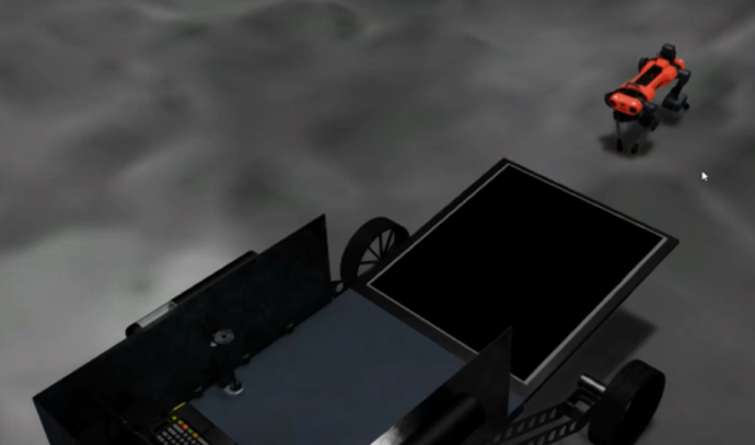 검은 지형 위에서 4족 보행 로봇이 탐사 임무를 수행하는 모습의 시뮬레이션 장면. 배경에는 대형 탐사 차량이 보이며, 로봇은 탐사 작업 후 차량으로 귀환 중인 상황처럼 보인다.