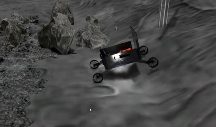 울퉁불퉁한 월면 지형을 달리는 6륜 탐사 차량의 시뮬레이션 이미지. 차량 내부에는 로봇이 대기 중이며, 주위에는 암석이 흩어져 있다. 극한 지형에서도 안정적인 주행을 할 수 있는 구조임을 보여준다.