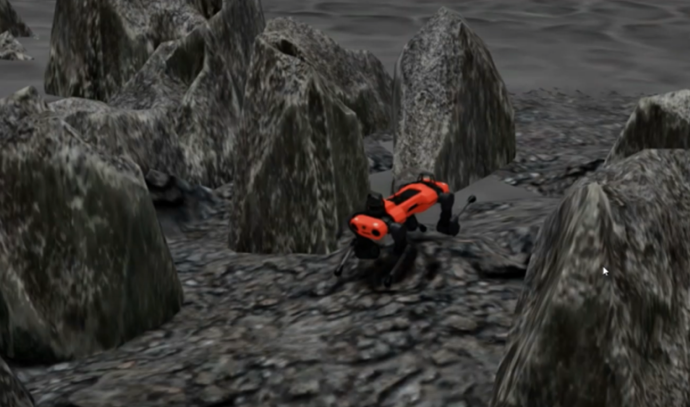 험지의 바위 사이를 통과하며 이동 중인 4족 보행 탐사 로봇의 시뮬레이션 장면. 로봇은 빨간색 본체와 검은 다리를 가지고 있으며, 비탈진 바위 지형에서 균형을 유지하고 있다.